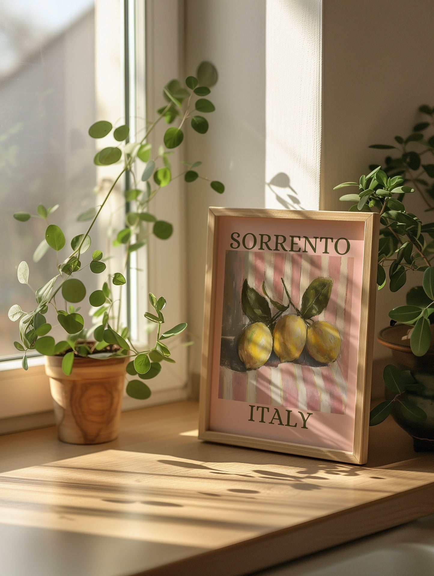 Sorrento Italy Lemon Pink Aesthetic Print - Pink And White Pastel Stripes, Trendy Feminine Fruit Art, Kitchen Dining Room Summer Retro Art