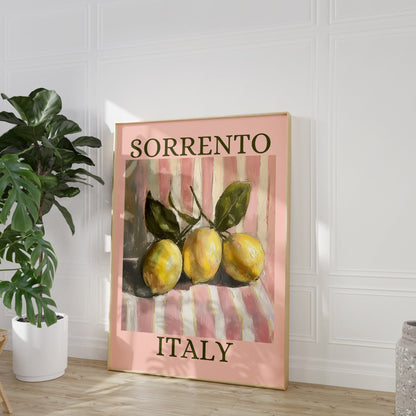 Sorrento Italy Lemon Pink Aesthetic Print - Pink And White Pastel Stripes, Trendy Feminine Fruit Art, Kitchen Dining Room Summer Retro Art