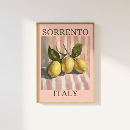 Sorrento Italy Lemon Pink Aesthetic Print - Pink And White Pastel Stripes, Trendy Feminine Fruit Art, Kitchen Dining Room Summer Retro Art