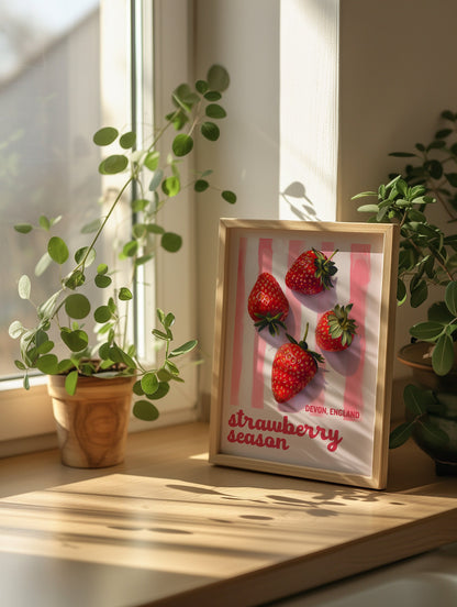 Strawberry Season Pink Aesthetic Print - Pink And White Pastel Stripes, Trendy Feminine Delicious Fruits, Kitchen Dining Room Summer Retro