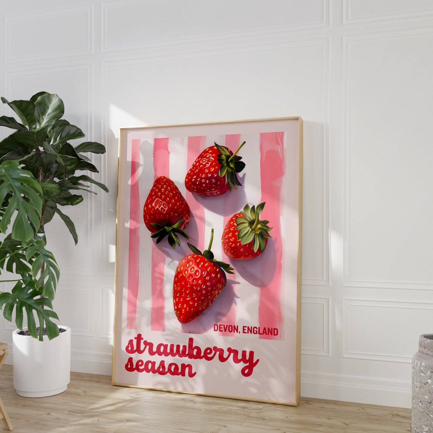 Strawberry Season Pink Aesthetic Print - Pink And White Pastel Stripes, Trendy Feminine Delicious Fruits, Kitchen Dining Room Summer Retro