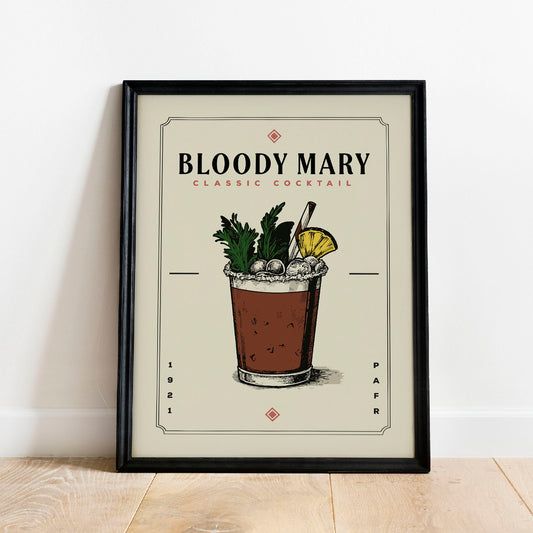 Bloody Mary Cocktail Print, Bloody Mary Cocktail Poster | Bar Cart Prints | Vintage Cocktail Poster Wall Art for Home Bar Cart Decor