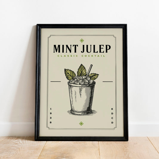 Mint Julep Cocktail Print, Mint Julep Cocktail Poster | Bar Cart Prints | Vintage Cocktail Poster Wall Art for Home Bar Cart Decor