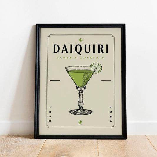 Daiquiri Cocktail Print, Daiquiri Cocktail Poster | Bar Cart Prints | Vintage Cocktail Poster Wall Art for Home Bar Cart Decor