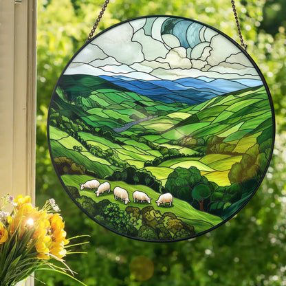 Green Irish Hills: Stained Glass Style Window Hanging