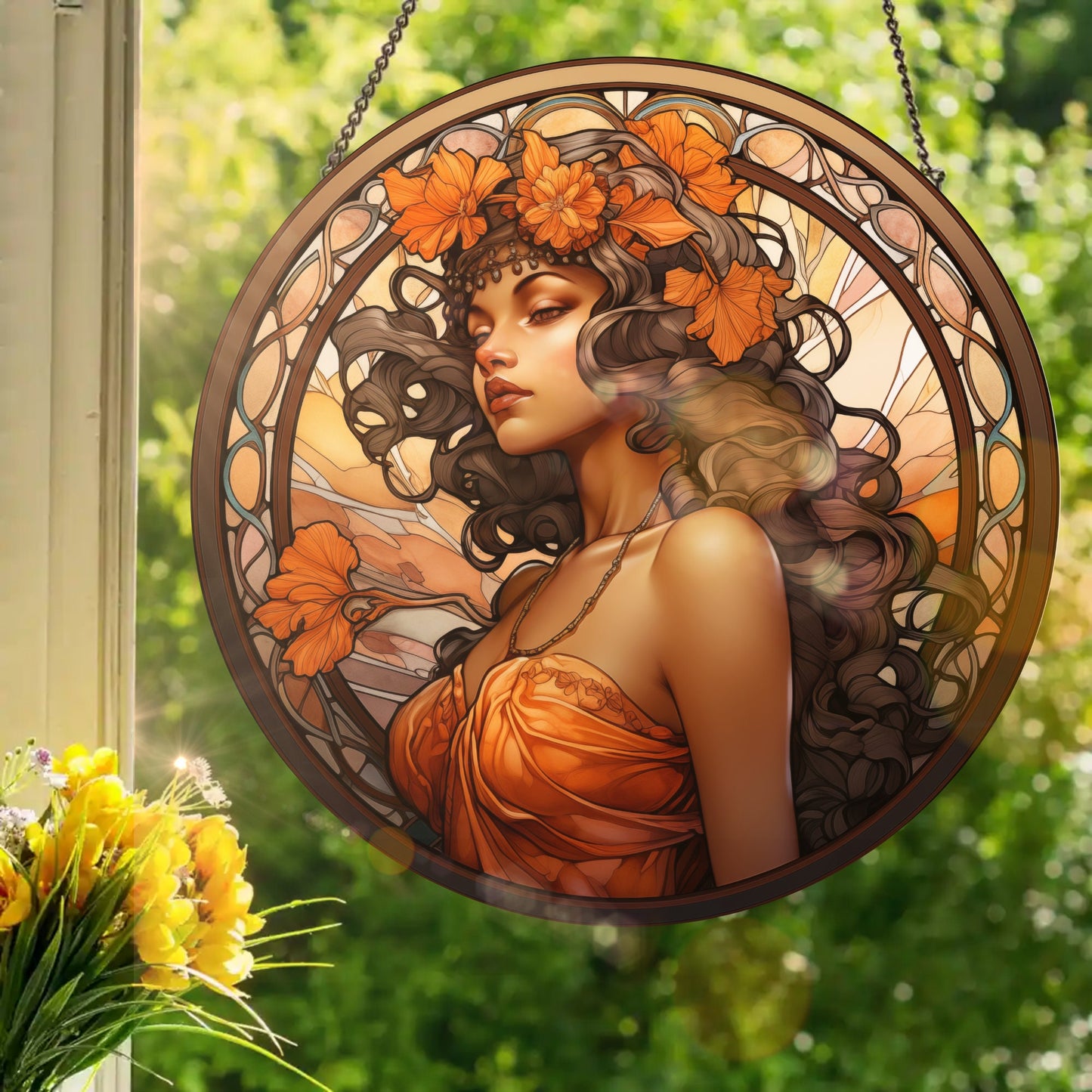 Fall Female Nouveau: Stained Glass Style Window Hanging Made With Real Glass