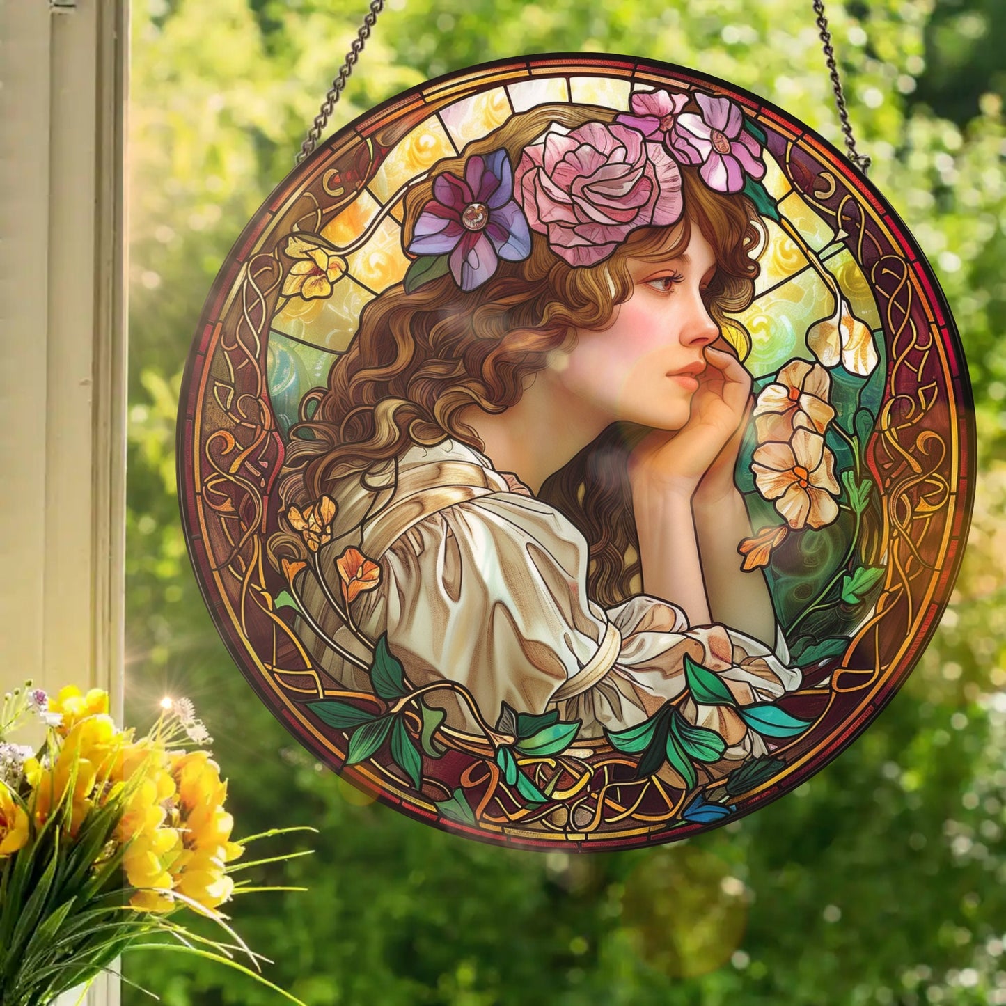 Spring Female Nouveau: Stained Glass Style Window Hanging Made With Real Glass