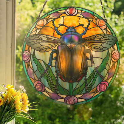 Art Nouveau Beetle: Stained Glass Style Window Hanging Made With Real Glass
