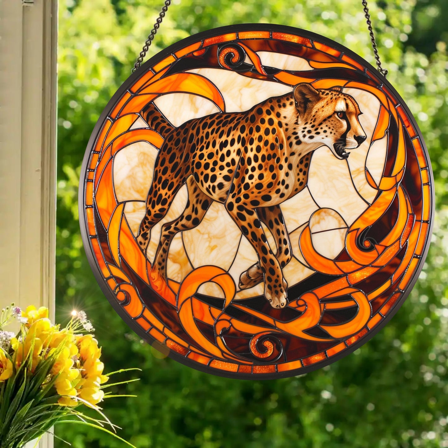 Cheetah: Stained Glass Style Window Hanging Made With Real Glass
