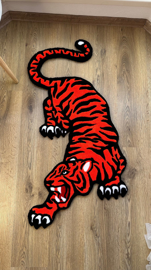 Orange Tiger Rug – Custom Handmade Tufted Animal Carpet, Large Striped Tiger Art Piece for Statement Decor, Bold Jungle Vibes