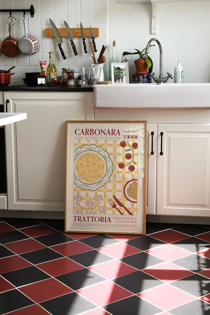 Carbonara Poster, Pasta Poster, Kitchen Poster, Kitchen Print, Retro Poster, Modern Kitchen Decor, Retro Wall Art, Wine Art