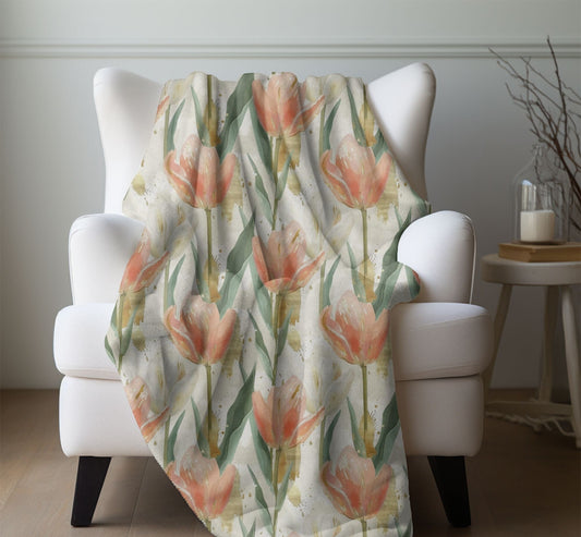 Peach Tulip Blanket Home Decor, Spring Floral Throw, Flower Child Fleece, Nature Lovers Gift for Gardener Mothers Day Christmas Birthday