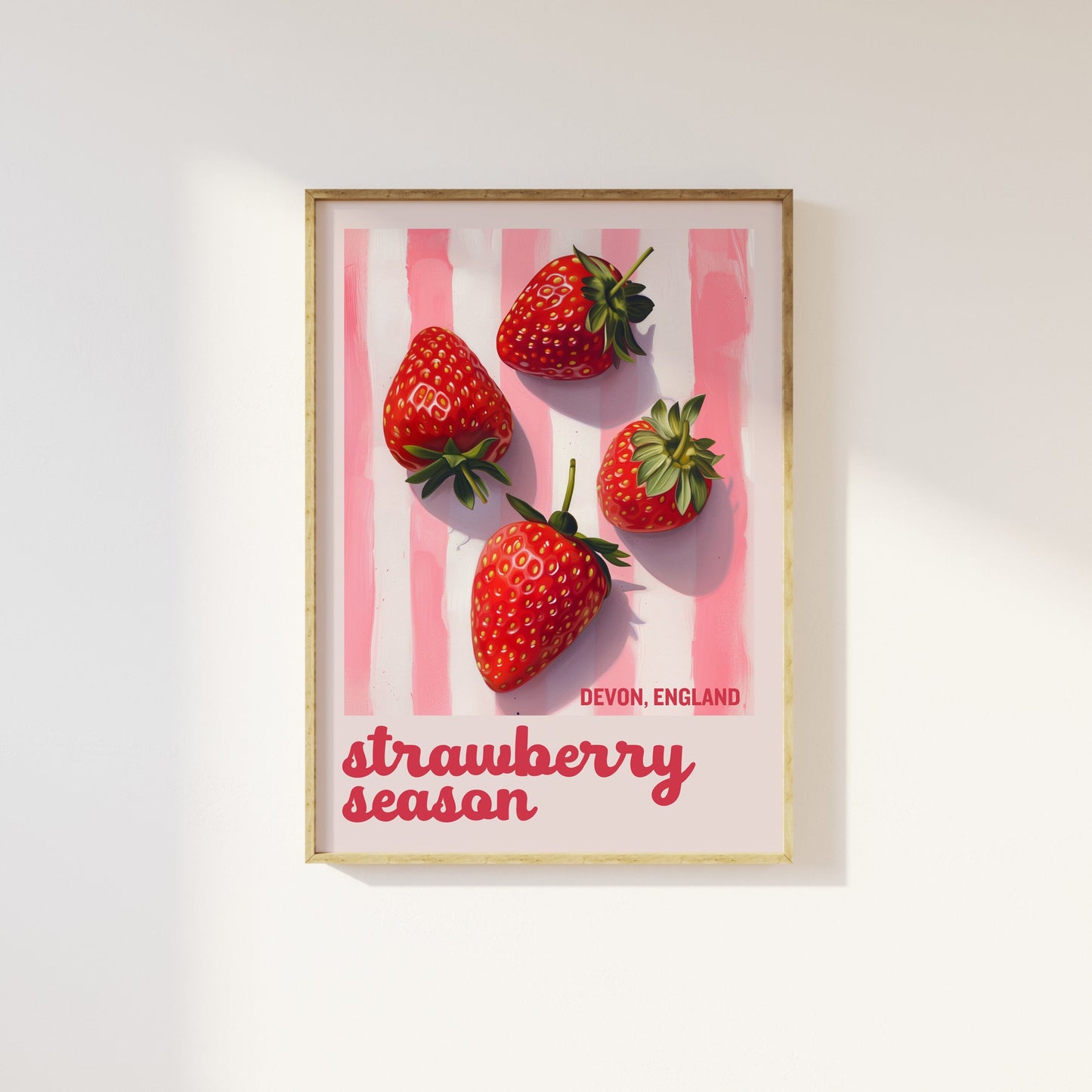 Strawberry Season Pink Aesthetic Print - Pink And White Pastel Stripes, Trendy Feminine Delicious Fruits, Kitchen Dining Room Summer Retro