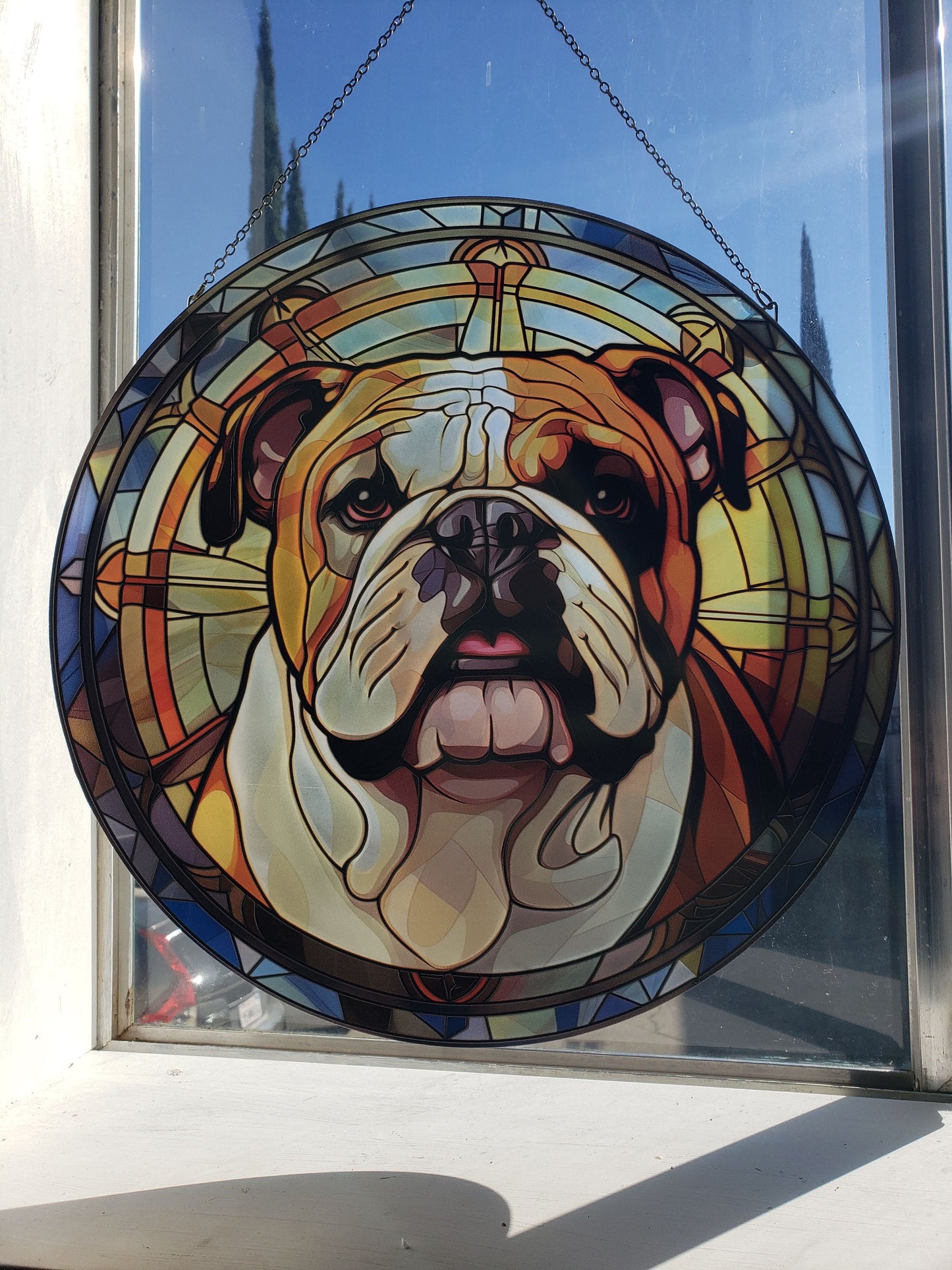 English Bulldog: Stained Glass Style Window Hanging