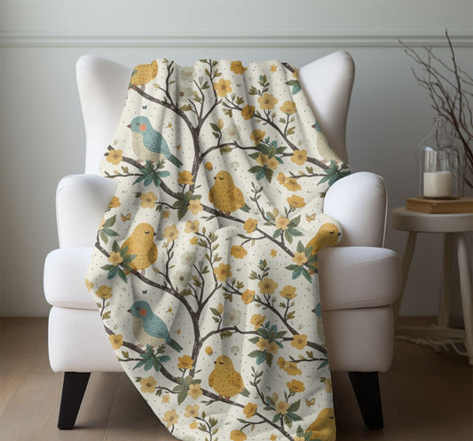 Spring Bird Throw Blanket Bird Watchers Gift for Nature Lovers Blue Yellow Bird Fleece Lap Blanket Mother's Day Gift for Christmas Present