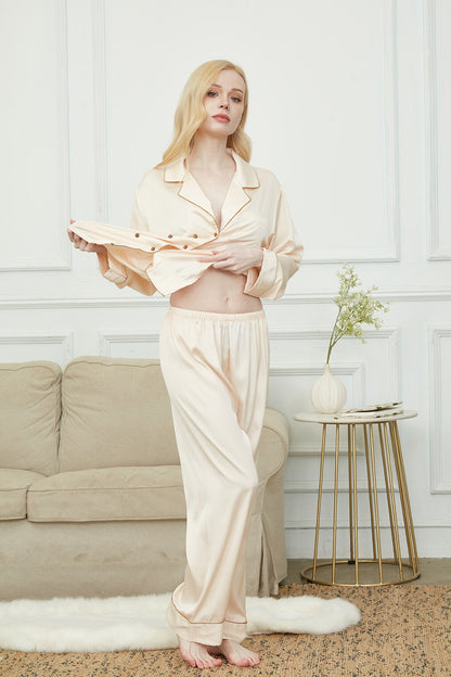 Satin Pajama Set For WomenEmbroidery Bride And Bridesmaids Pajama Luxurious Champagne  Double-breaste Sleeve Pajama Set Soft Silky Polyester