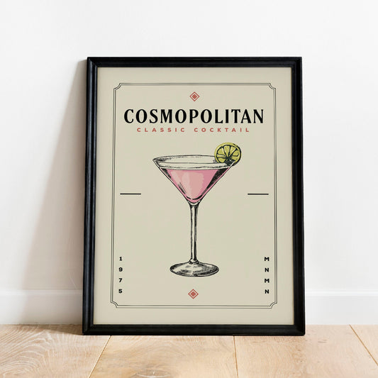 Cosmopolitan Cocktail Print, Cosmopolitan Drink Poster | Bar Cart Prints | Vintage Cocktail Poster Wall Art for Home Bar Cart Decor