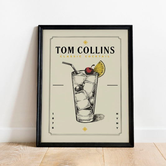 Tom Collins Cocktail Print, Tom Collins Cocktail Poster | Bar Cart Prints | Vintage Cocktail Poster Wall Art for Home Bar Cart Decor