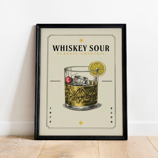 Whiskey Sour Cocktail Print, Whiskey Sour Cocktail Poster | Bar Cart Prints | Vintage Cocktail Poster Wall Art for Home Bar Cart Decor