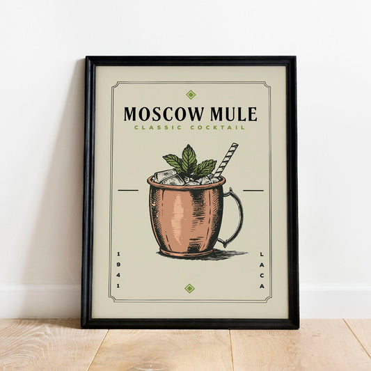 Moscow Mule Cocktail Print, Moscow Mule Cocktail Poster | Bar Cart Prints | Vintage Cocktail Poster Wall Art for Home Bar Cart Decor