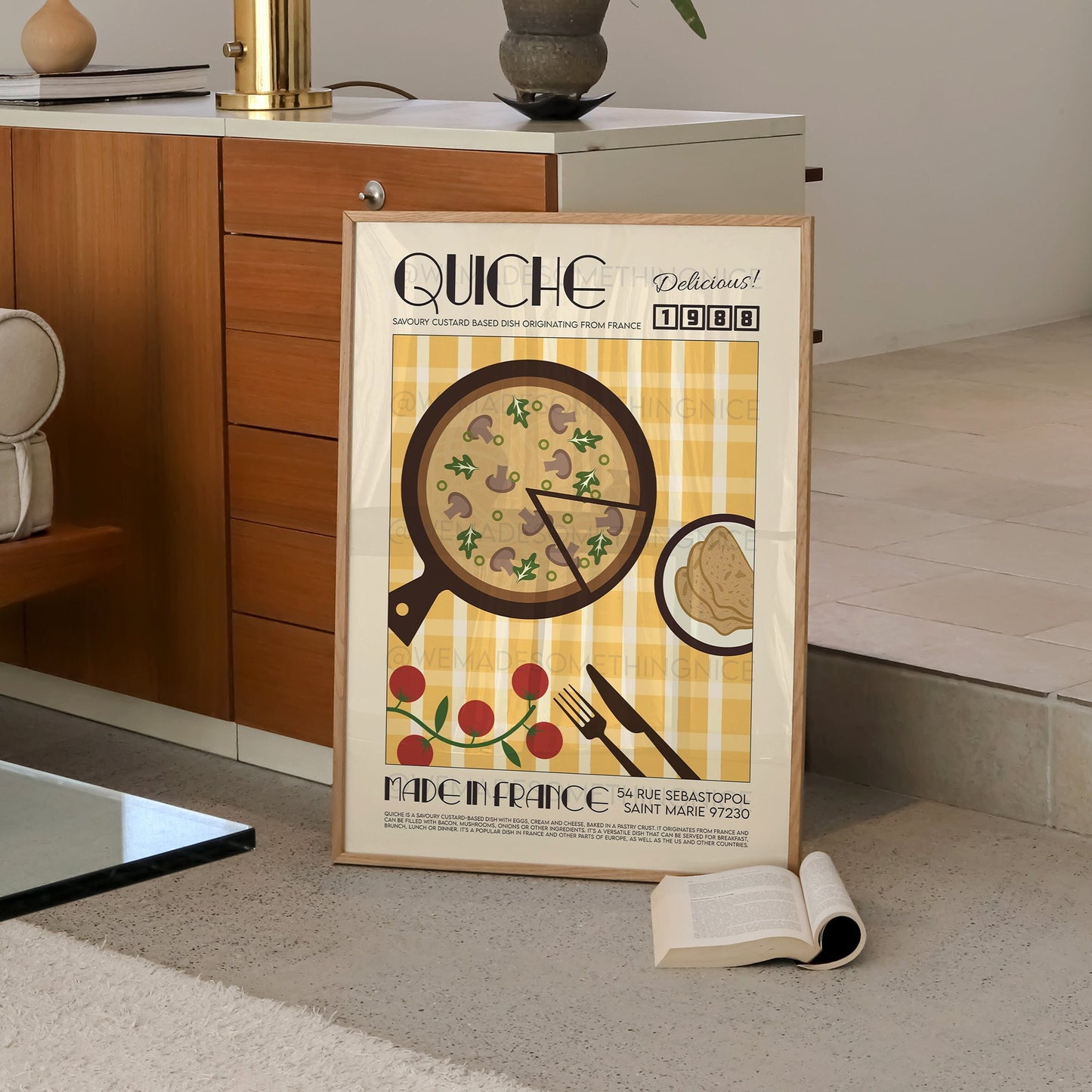 French Quiche Poster, Food Print, Modern Kitchen Decor, Retro Poster, Pop Art, Kitchen Art, Exhibition Poster, Food Illustration