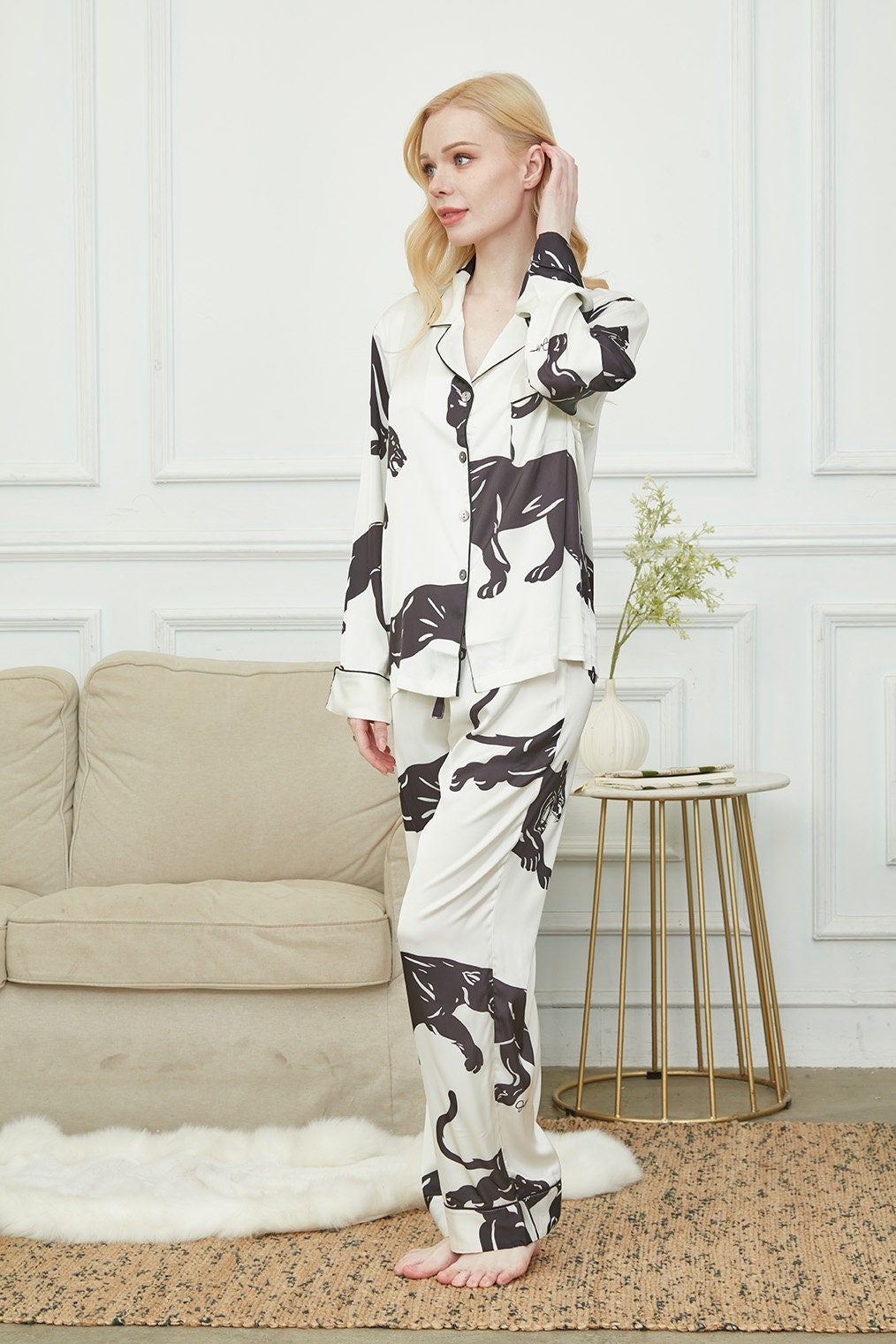 Satin Long Pyjama Set, Bride And Bridesmaids Pajama, Pajama Set For Women , Black Panther Print, Gift For Her,Could Be Wear Outside