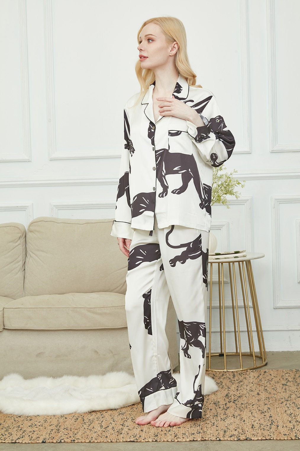 Satin Long Pyjama Set, Bride And Bridesmaids Pajama, Pajama Set For Women , Black Panther Print, Gift For Her,Could Be Wear Outside