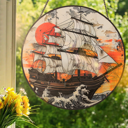 Seafarers In The Land Of The Rising Sun: Stained Glass Style Window Hanging