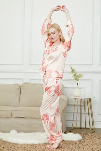 Satin Laurustinus Print Long Pyjama Set, Bride And Bridesmaids Pajama,Gift For Her, Personalized Gift For Bridesmaids?2 Colors Available