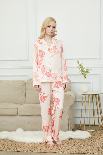 Satin Laurustinus Print Long Pyjama Set, Bride And Bridesmaids Pajama,Gift For Her, Personalized Gift For Bridesmaids?2 Colors Available