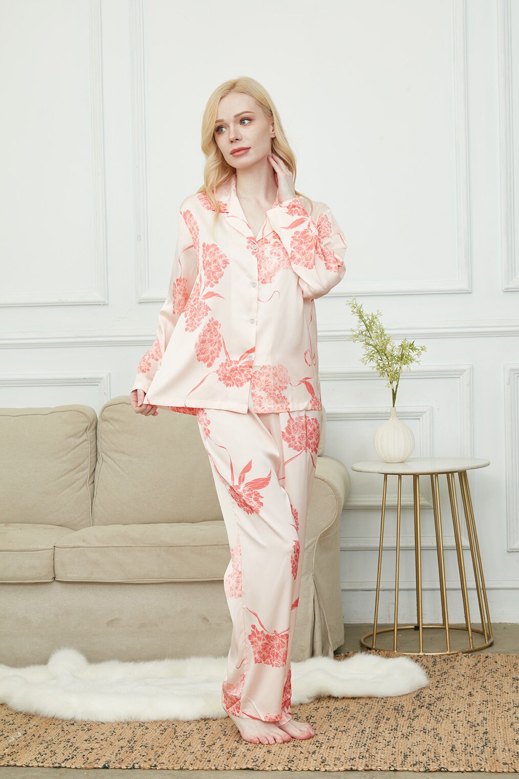 Satin Laurustinus Print Long Pyjama Set, Bride And Bridesmaids Pajama,Gift For Her, Personalized Gift For Bridesmaids?2 Colors Available