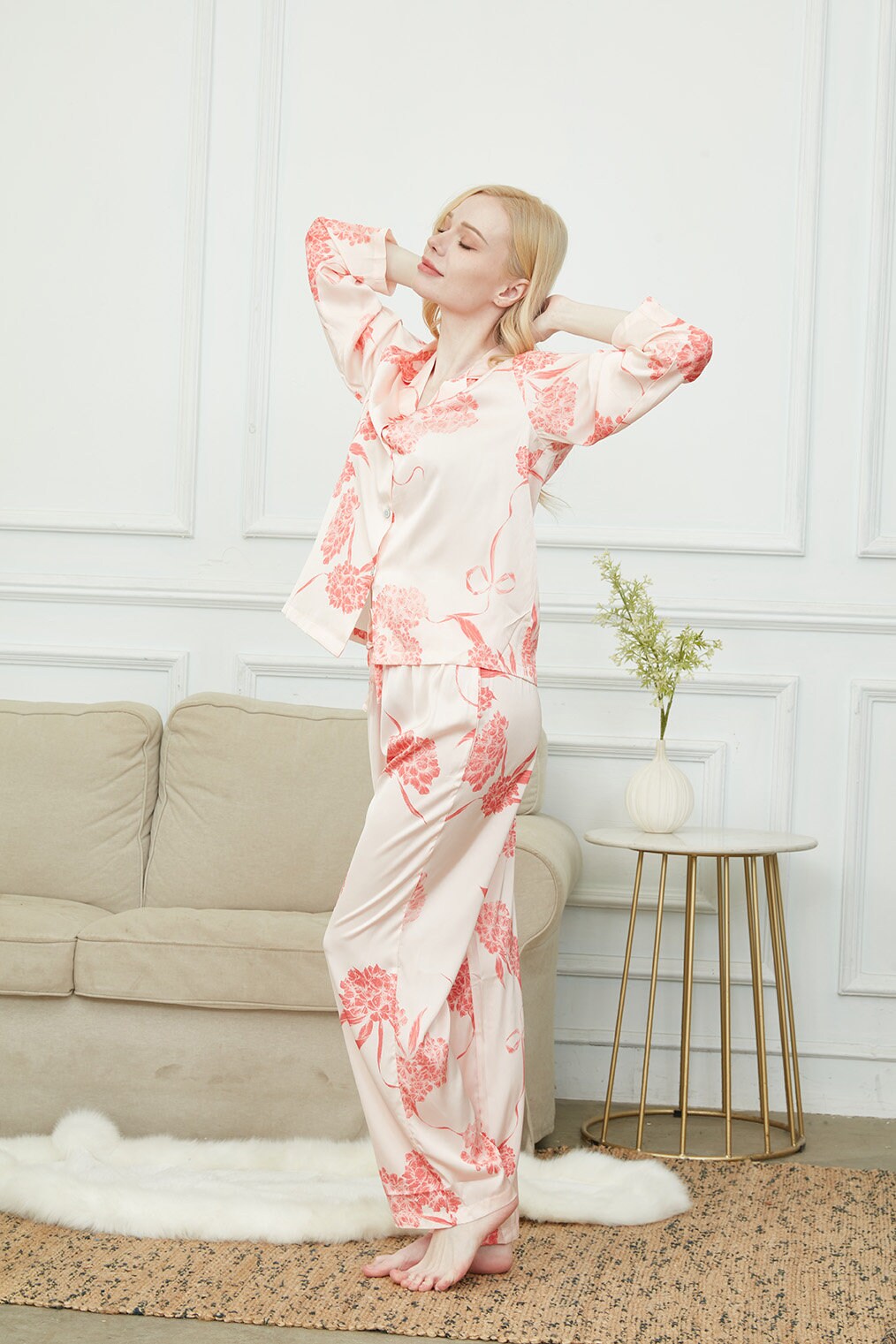 Satin Laurustinus Print Long Pyjama Set, Bride And Bridesmaids Pajama,Gift For Her, Personalized Gift For Bridesmaids?2 Colors Available