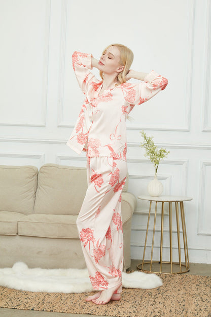 Satin Laurustinus Print Long Pyjama Set, Bride And Bridesmaids Pajama,Gift For Her, Personalized Gift For Bridesmaids?2 Colors Available