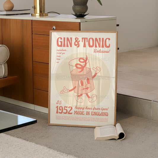 Gin and Tonic Print, Gin Poster, Kitchen Decor, Bar Art, Cocktail Poster, Mid Century Modern, Illustration, Birthday Housewarming