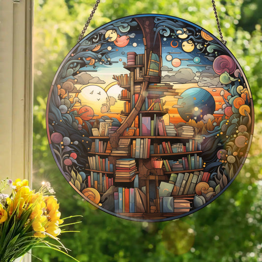 Galactic Fantasy Library: Stained Glass Style Window Hanging Made With Real Glass