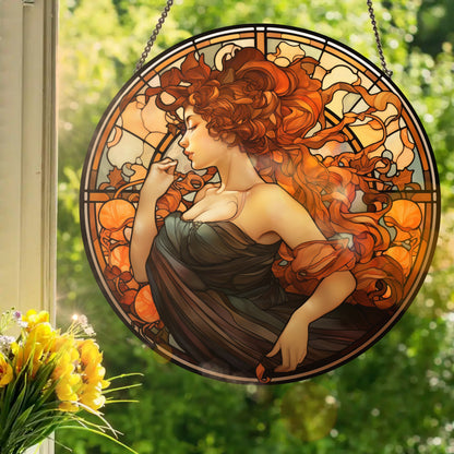 Nouveau Vitrail Femme: Stained Glass Style Window Hanging Made With Real Glass