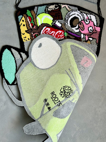 Tufted Cartoon Rug, Invader Character Rug, Alien Home Decor, Tufted Green Rug, Custom Alien Home Decor Rug