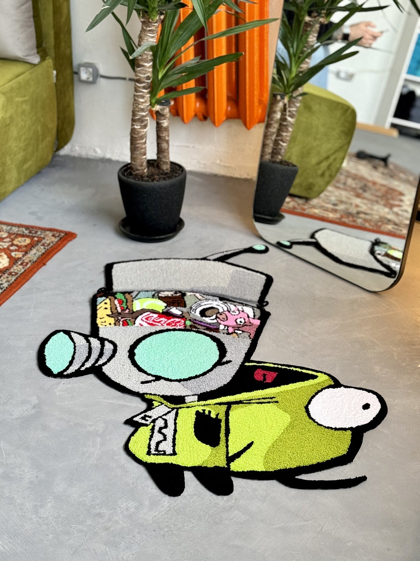 Tufted Cartoon Rug, Invader Character Rug, Alien Home Decor, Tufted Green Rug, Custom Alien Home Decor Rug