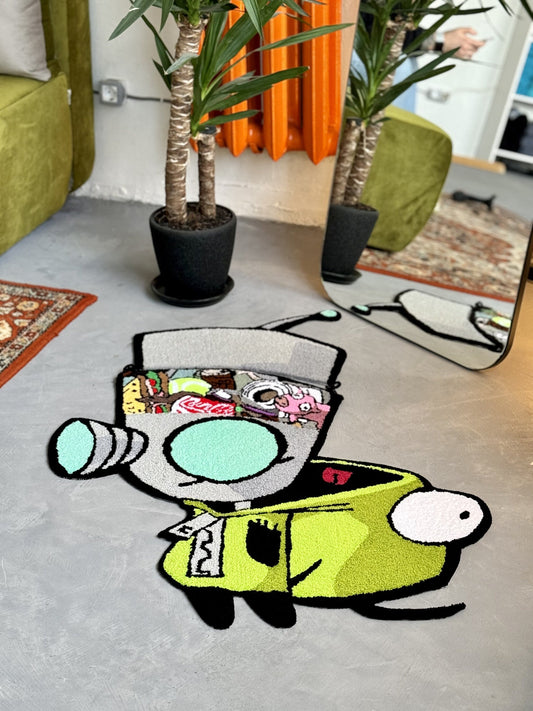 Tufted Cartoon Rug, Invader Character Rug, Alien Home Decor, Tufted Green Rug, Custom Alien Home Decor Rug
