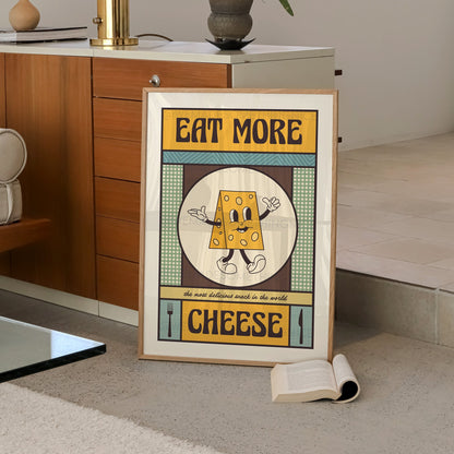 Retro Eat More Cheese Poster, Food Print, Modern Kitchen Decor, Retro Poster, Pop Art, Kitchen Art, Exhibition Poster, Retro Character Print