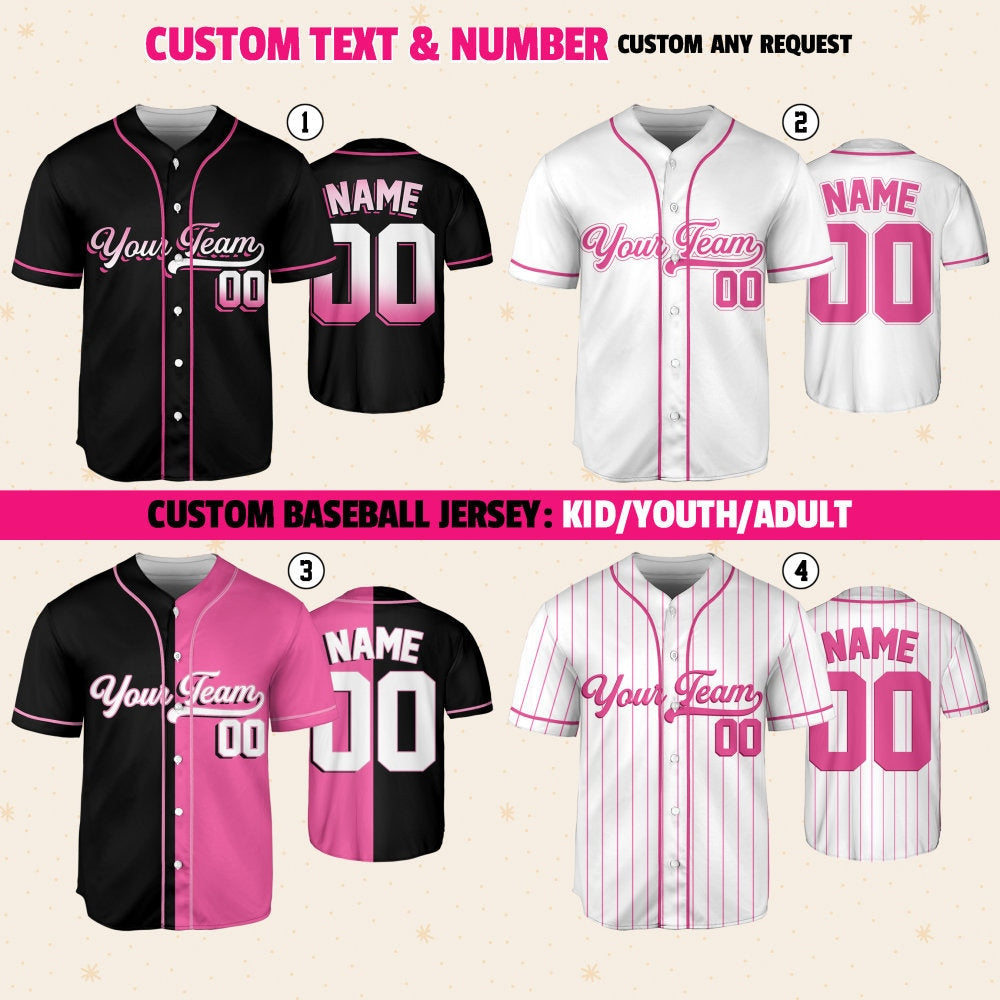 Personalized Team Name And Number Baseball Jersey Custom Design Pink Color Collection, Custom Baseball Jersey Uniform For Baseball Lovers