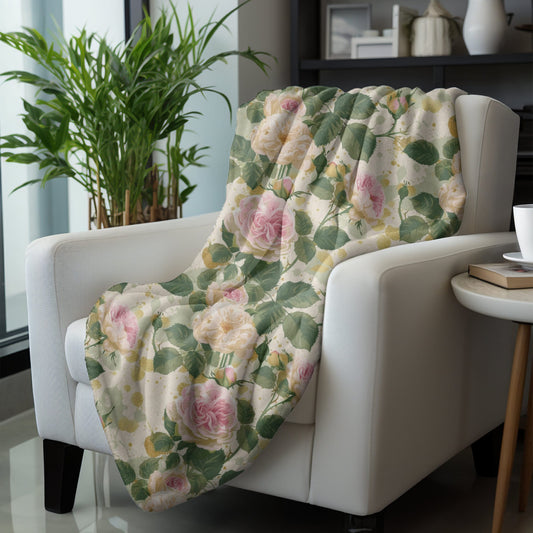 Pink English Roses Throw Blanket, Floral Home Decor, Cottage Garden Roses Fleece, Flower Lovers Gift for Rosarian Christmas Present Birthday