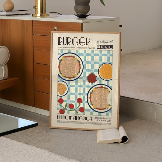 Burger Poster, Kitchen Poster, Kitchen Print, Food Poster, Modern Kitchen Decor, Illustration, America, Kitchen Art, Retro Wall Art
