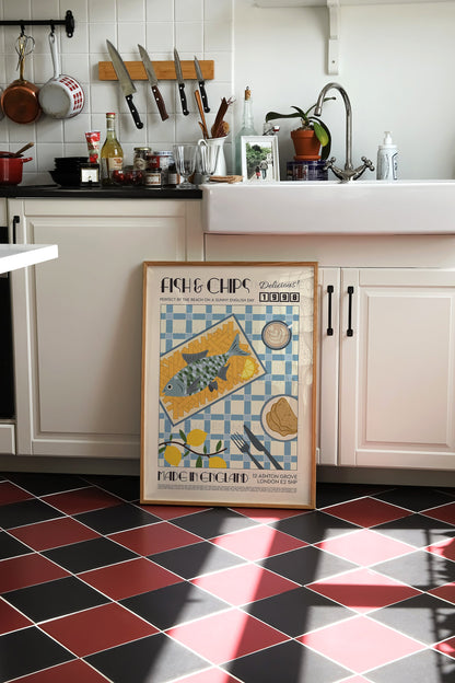 Fish and Chips Poster, Kitchen Poster, Kitchen Print, Food Print, Modern Kitchen Decor, Bar Art, Retro Wall Art