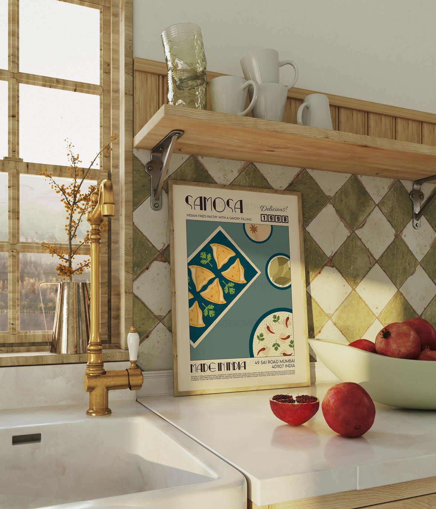 Samosa Poster, Kitchen Art, Food Illustration, Food Print, Modern Kitchen Decor, Travel Poster,  Kitchen Poster, Retro Wall Art, India Print