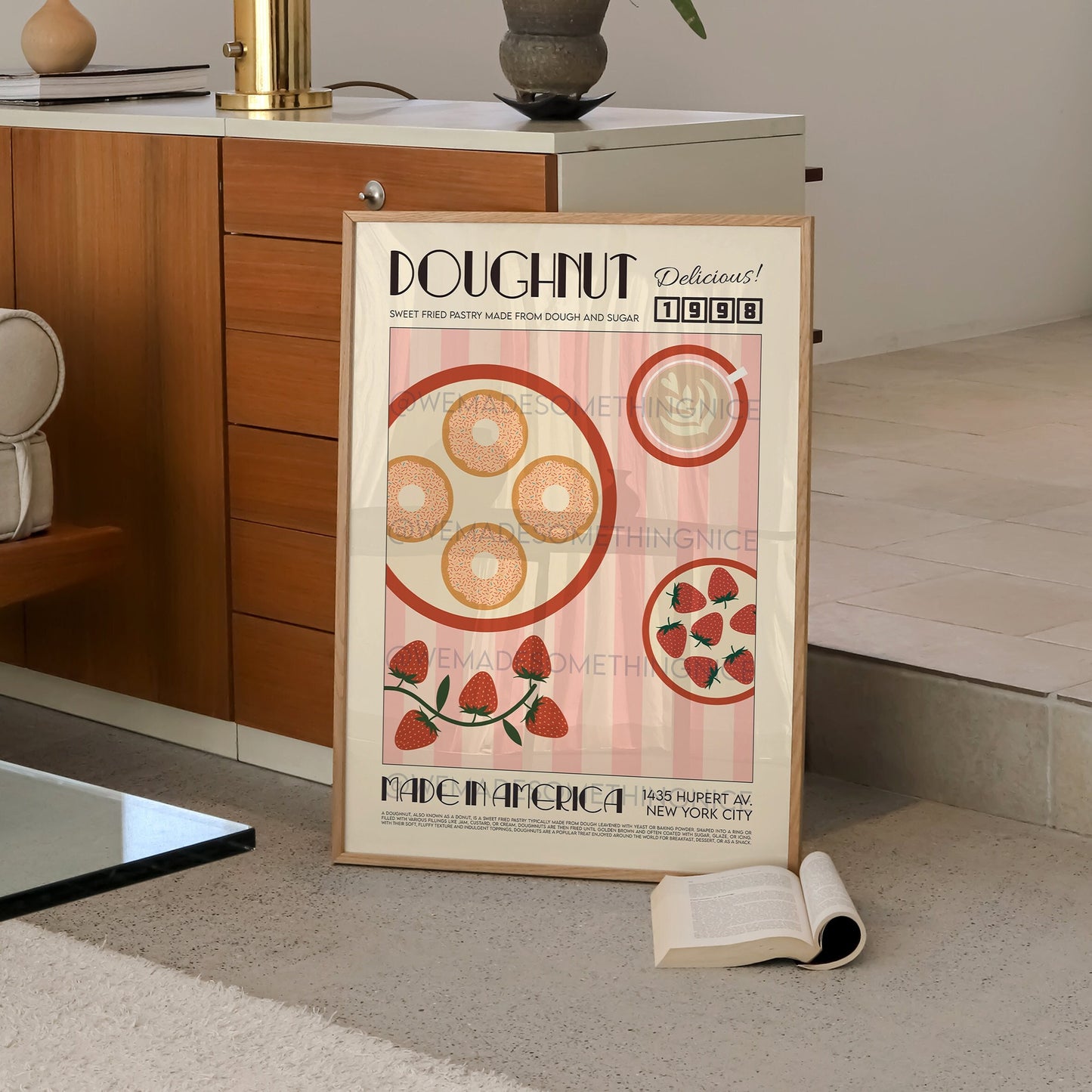 Doughnut Poster, Kitchen Art, Food Print, Kitchen Wall Art, Retro Poster, Pink Wall Art, Kitchen Poster, Exhibition Poster, Housewarming