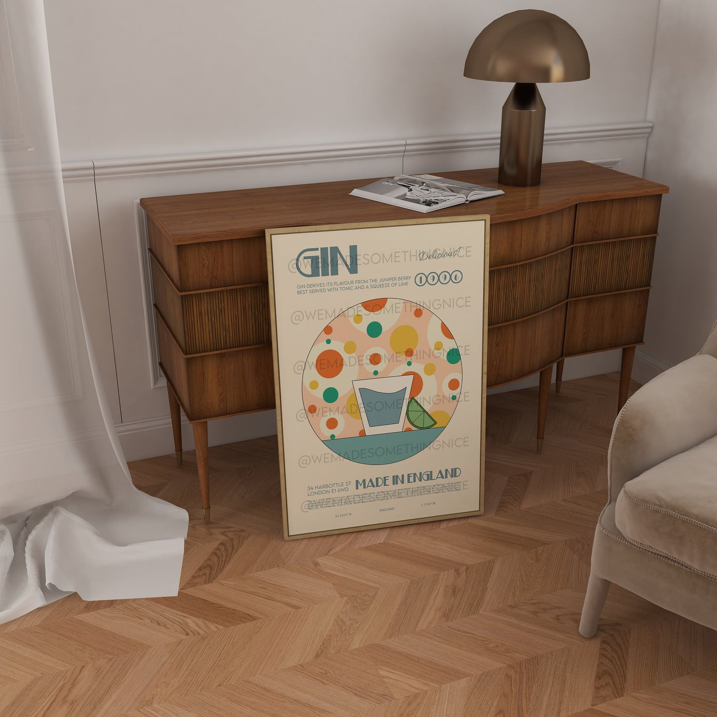 Gin Print, Retro Cocktail Poster, Kitchen Decor, Cocktail Print, Mid Century Modern, Gin and Tonic Print