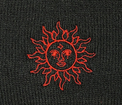 CELESTIAL SUN Beanie, Red Sun Embroidered Beanie, Lunar Spiritual Rave Hat Beanie Cosmic Solstice Astrology Spiritual Mystical Galactic Sol