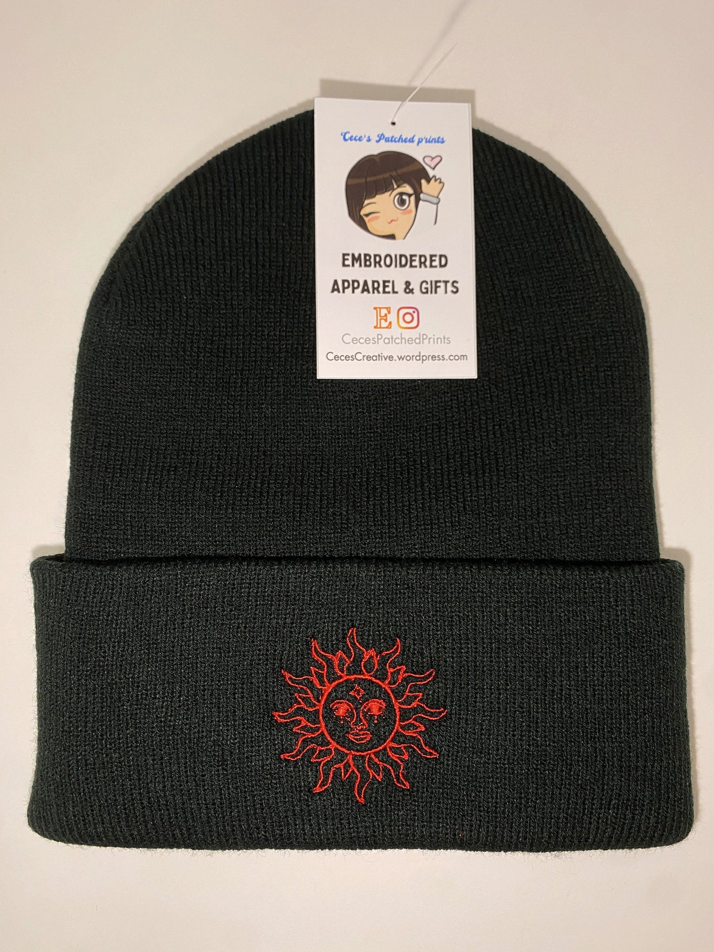 CELESTIAL SUN Beanie, Red Sun Embroidered Beanie, Lunar Spiritual Rave Hat Beanie Cosmic Solstice Astrology Spiritual Mystical Galactic Sol