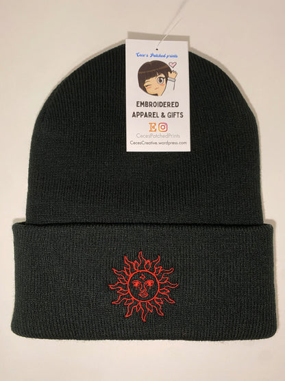 CELESTIAL SUN Beanie, Red Sun Embroidered Beanie, Lunar Spiritual Rave Hat Beanie Cosmic Solstice Astrology Spiritual Mystical Galactic Sol
